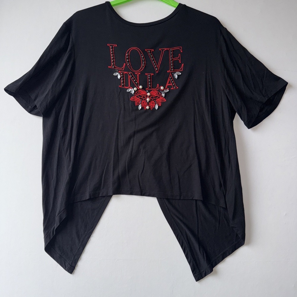 Guess Women's LOVE IN LA Embroidered Rose Top Split Back Red Black Medium NWT